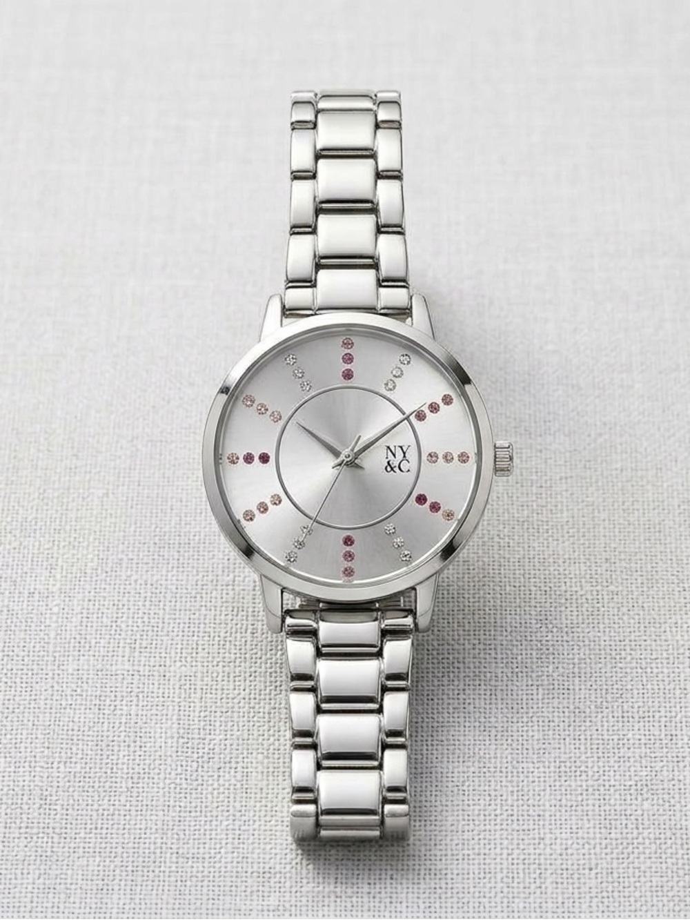 New York & Company Silver Tone Rhinestone Link Bracelet Watch - New Battery!